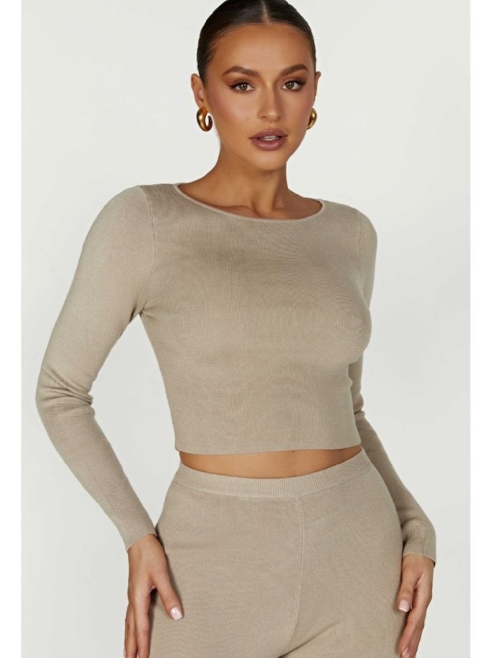 Meshki Haisley Long Sleeve Knit Top Cropped in Taupe Size M